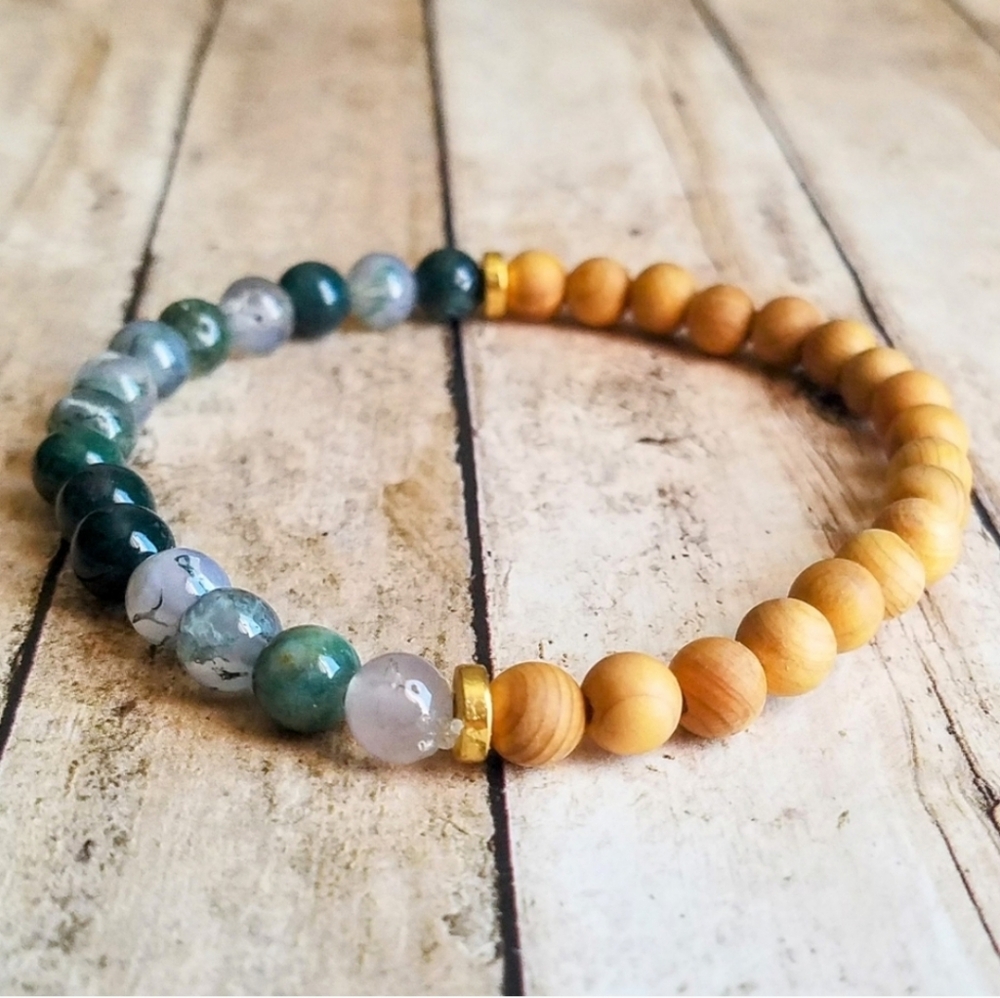 Moss Agate + Sandalwood Bracelet